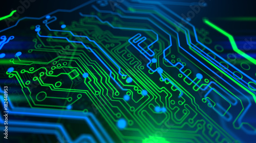 Green and Blue Motherboard Technology . Digital inegrated technology. Printed Circuit board. PCB. 3d illustration.