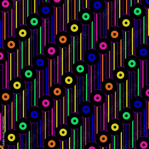 Vintage retro geometric pattern design vector abstract background with colorful stripes and record like circle shapes and dots
