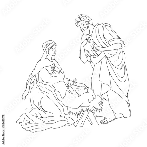 Vector coloring book. Christmas scene. Nativity. Holy family, Joseph, Mary and newborn Jesus drawing in kids style.