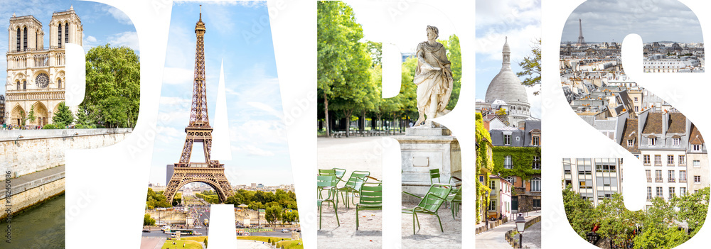 Φωτογραφία Paris letters filled with pictures of famous places in Paris city, France