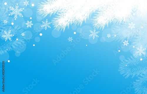 Blue New Year or Christmas background with fir branches and snowflakes
