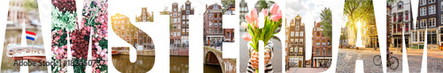 AMSTERDAM letters filled with pictures of famous places and cityscapes in Amsterdam city, Netherlands photo