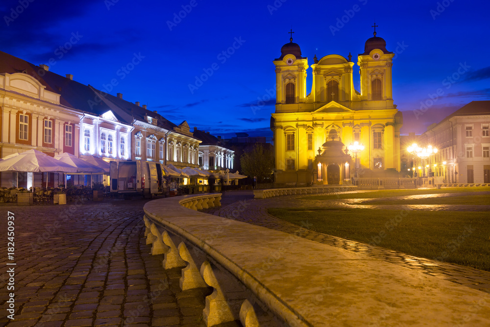 Unirii Square with Roman Catholic Dome at dusk