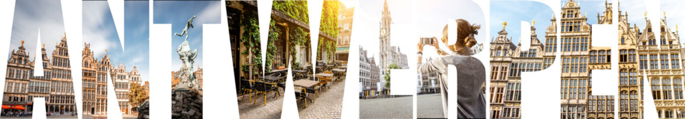 Tableau sur plexiglas Anvers Lettres Antwerpen remplies de monuments emblématiques  © rh2010
