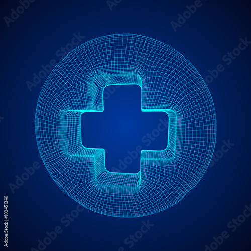 First aid medical cross wireframe low poly mesh, vector symbol illustration