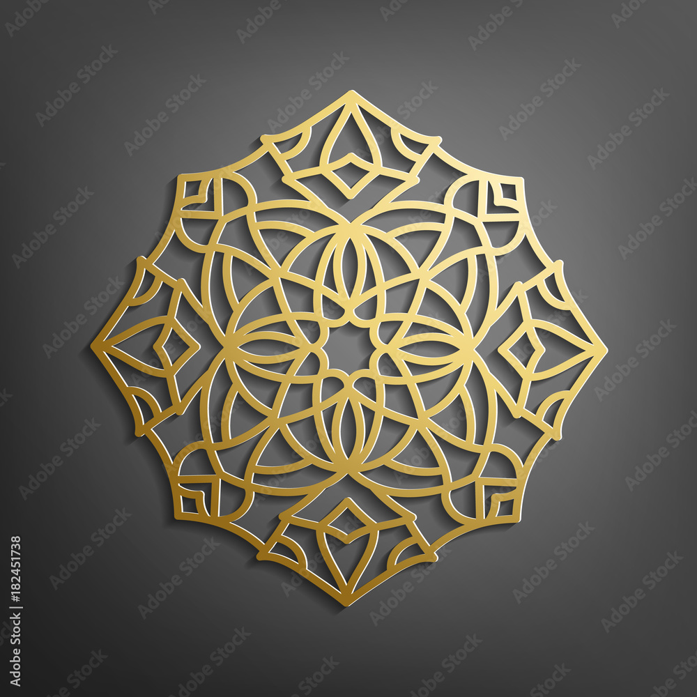 Islamic mandala 3D round gold ornament.