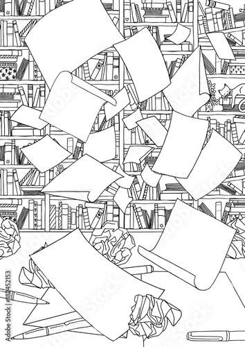 Illustration of empty papers, flying through the air in front of an office bookshelf and desk with crumpled paper. Black and white illustration suitable as colouring book page