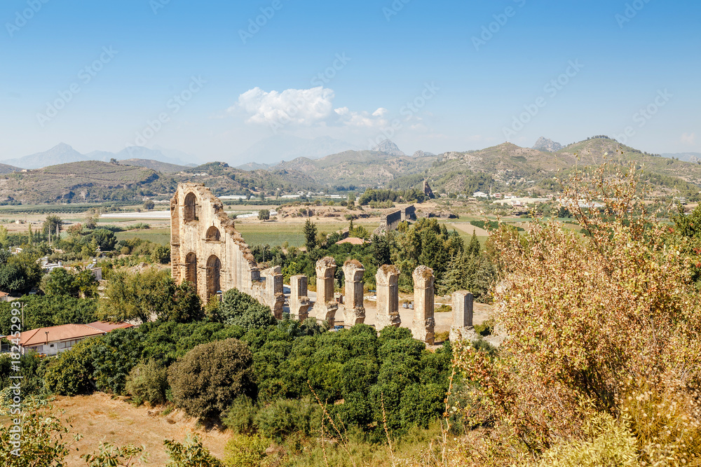 Aerial panoramic view of the Roman aqueduct that served the ancient city of Aspendos, Turkey