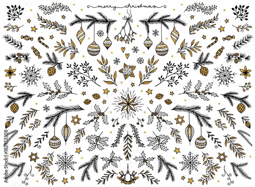 	
Hand sketched floral design elements for Christmas: pine tree branches, holly, mistletoe and other floral ornaments for text decoration, black ink with gold foil