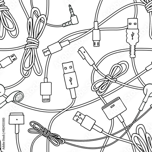 Seamless pattern of various cables, plugs, chargers and adapters, for electricity, internet and computers