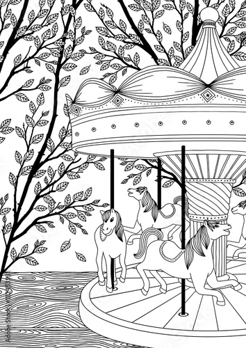 Hand drawn black and white illustration of a carousel with horses, coloring book page
