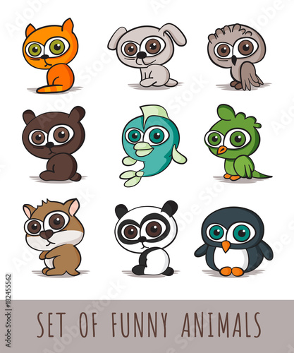 Set of funny cartoon animals on white background. Vector illustration.