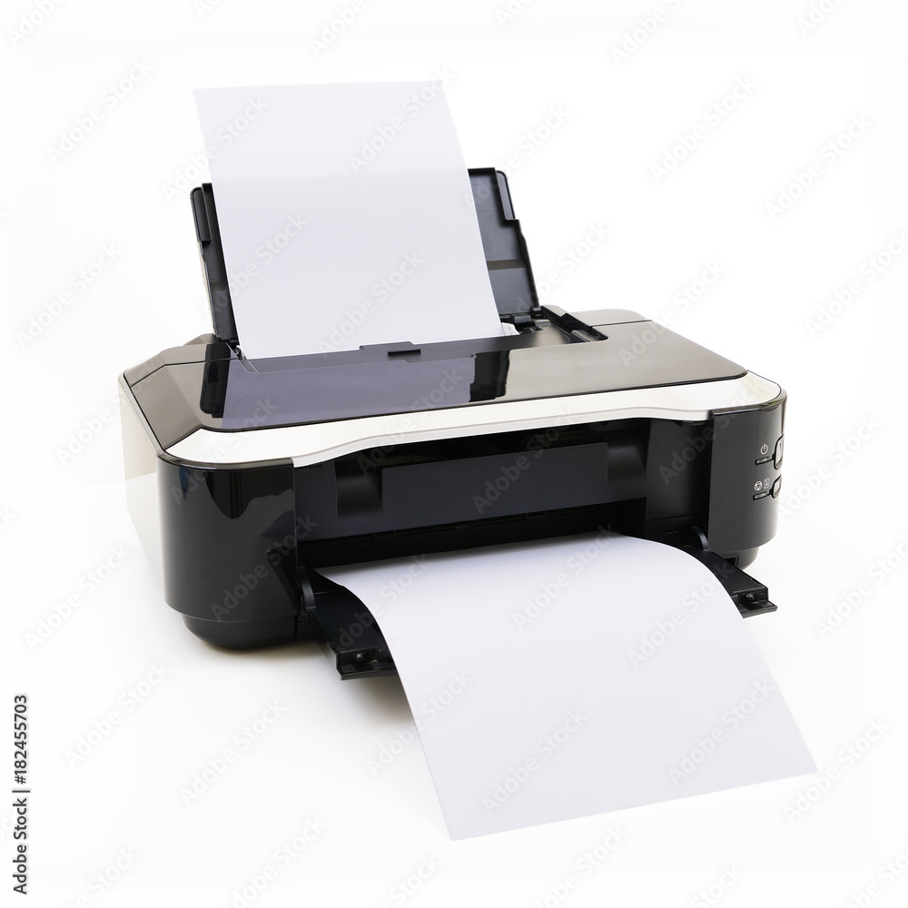 Printer and paper isolated on white background Printer and paper isolated on white background