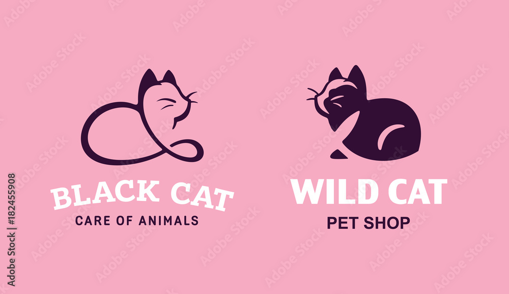 Set logo illustration cats, pet emblem design on pink background Set logo illustration cats, pet emblem design on pink background