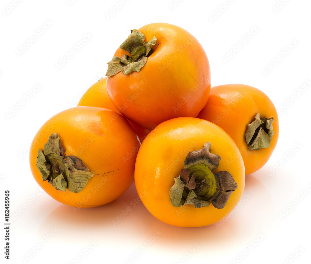 Persimmon Kaki isolated on white background five whole orange.