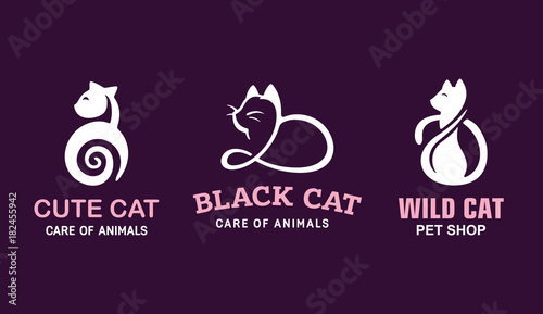 Set logo illustration cats, pet emblem design on black background
