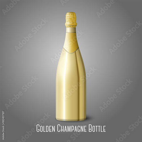 Vector illustration of golden champagne bottle on gray background.
