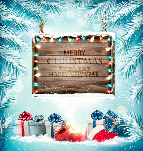 Holiday background with a Christmas tree and presents with magic box. Vector