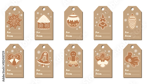 New Year tags. Collection of kraft-paper tags with New Year's symbols. Vector illustration in english photo