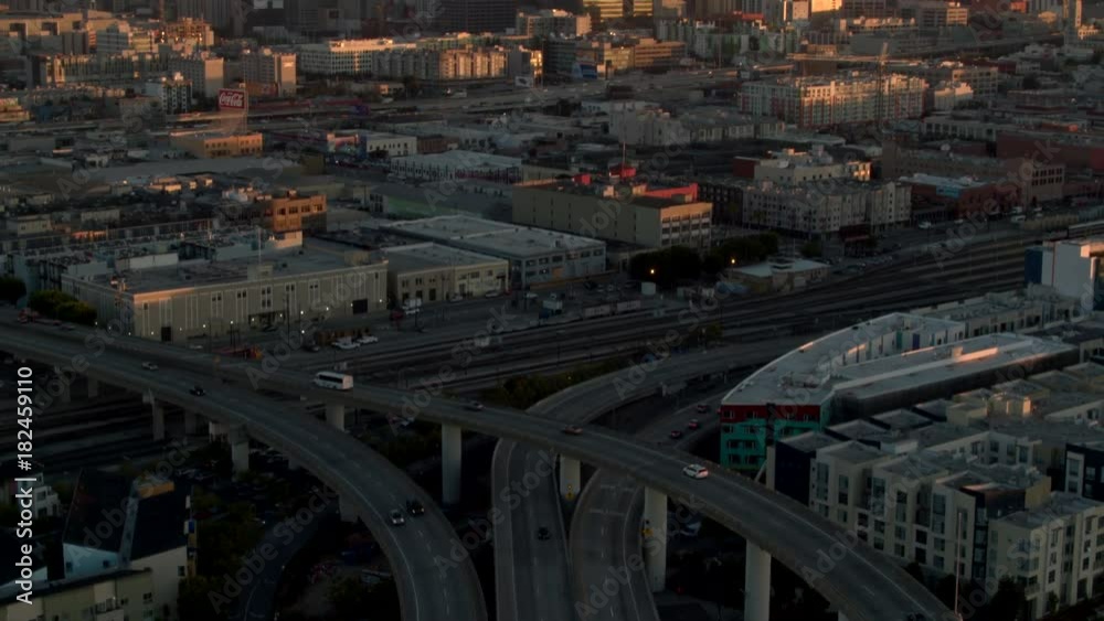 Wide, San Francisco highway and skyline aerial Wide, San Francisco highway and skyline aerial