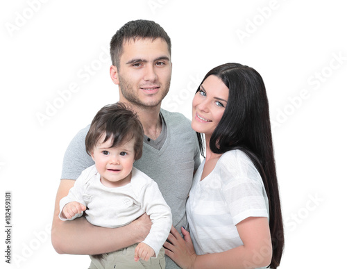 Portrait of happy young family isolated on white