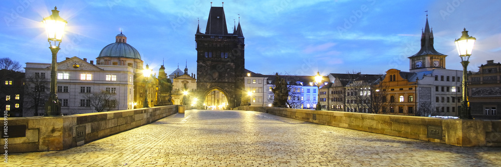 Prague, Czech Republic - November, 23, 2017: night view to the Charles bridge in the center of Prague
