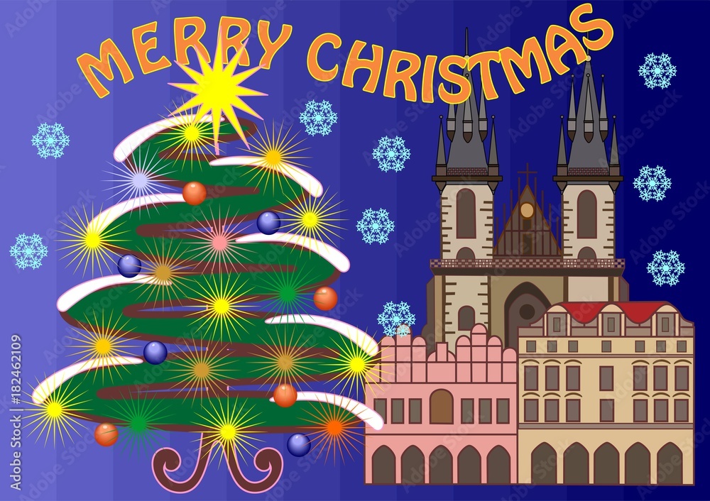 Christmas card-the inscription Merry Christmas, with a stylized Christmas tree, and a church, on a blue background