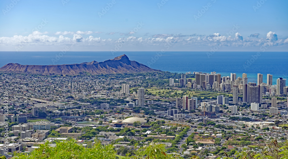 Panoramic view from Mt. Tantalus of Diamond Head State Monument and downtown Honolulu in Oahu, Hawaii