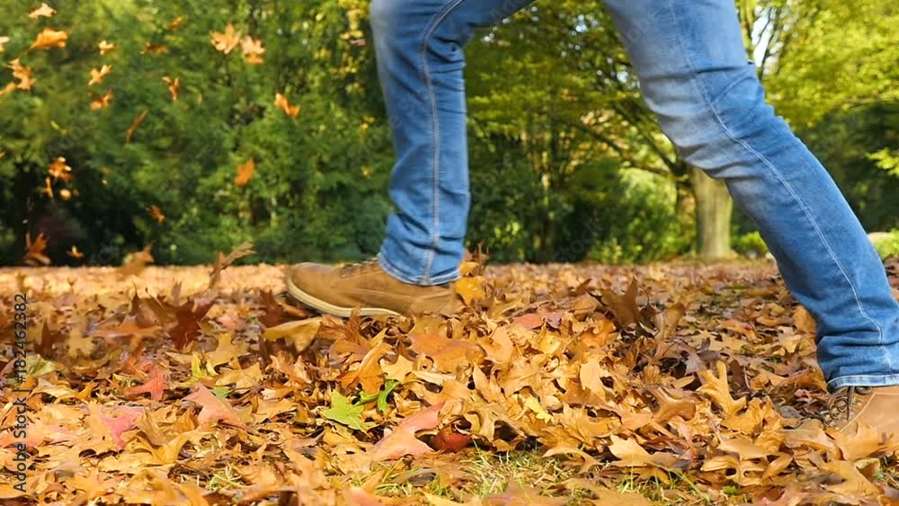 Man kicks into a pile of foliage, Leaves fly around, slow motion Man kicks into a pile of foliage, Leaves fly around, slow motion