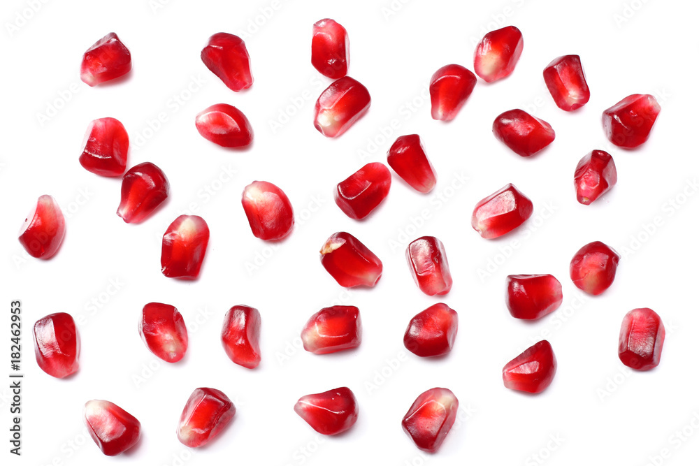 pomegranate seeds isolated on white background. top view. pomegranate berries.