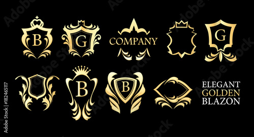 Bild auf Leinwand Set of Golden Elegant Blazons on black background