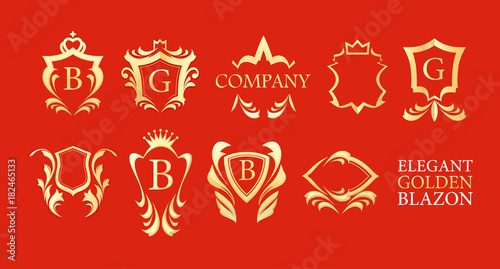 Bild auf Leinwand Set of Golden Elegant Blazons on red background