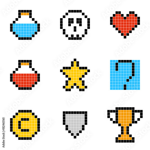 Flat simple illustration of set of minimalistic pixel art vector objects isolated on white background. Color icons in the 8 bit style. Colorful pixel graphic symbols group collection. Vector image.