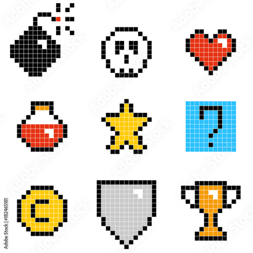 Flat simple illustration of set of minimalistic pixel art vector objects isolated on white background. Color icons in the 8 bit style. Colorful pixel graphic symbols group collection. Vector image.