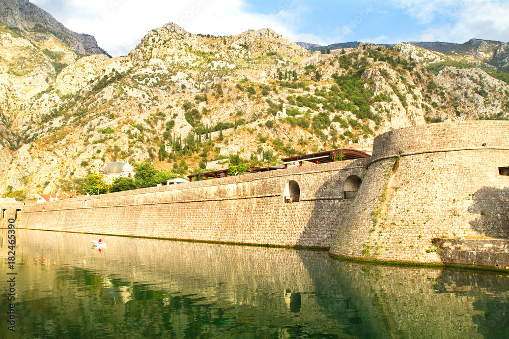 Scenery fortification view in Kotor, Bay of Kotor. Old town on Adriatic Sea coast. Travel Montenegro
