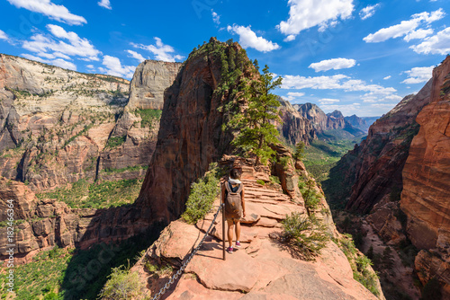 Ridge walk in beautiful scenery in Zion National Park along the Angel's Landing trail, Hiking in Zion Canyon, Utah, USA photo