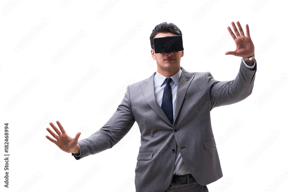Businessman wearing virtual reality VR glasses isolated on white Businessman wearing virtual reality VR glasses isolated on white