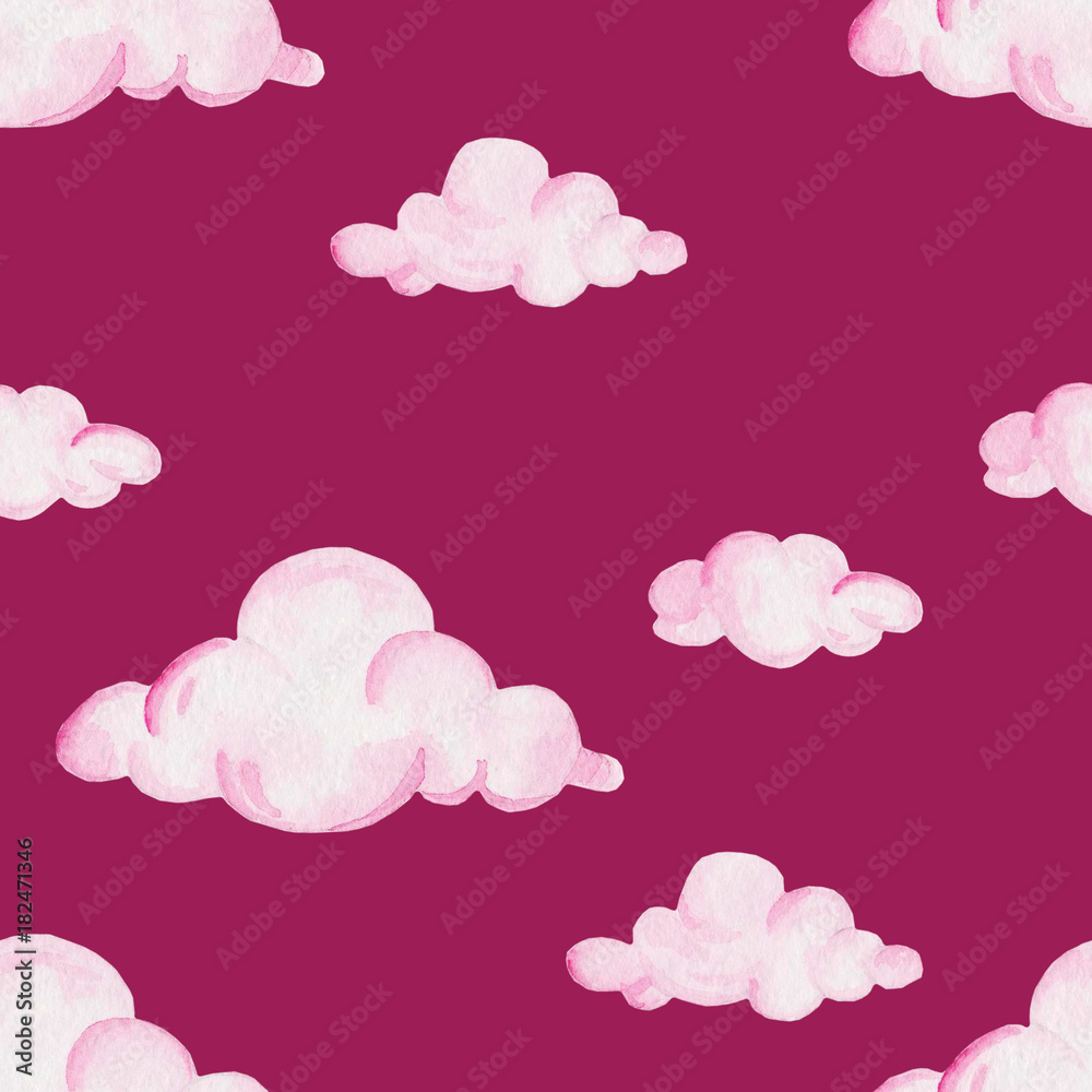 Watercolor baby shower pattern. Pink clouds on the purple background. For design, print or background Watercolor baby shower pattern. Pink clouds on the purple background. For design, print or background