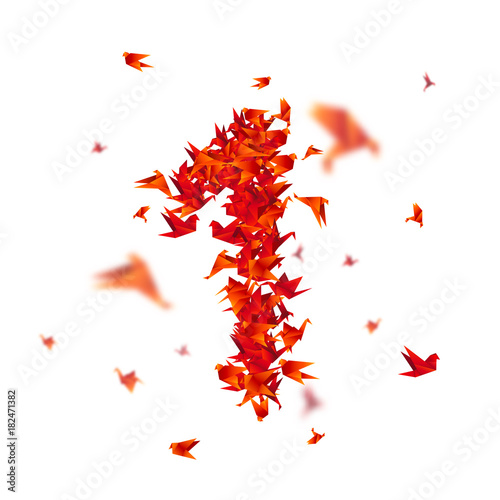 Number 1. Numbers with origami paper bird on abstract background