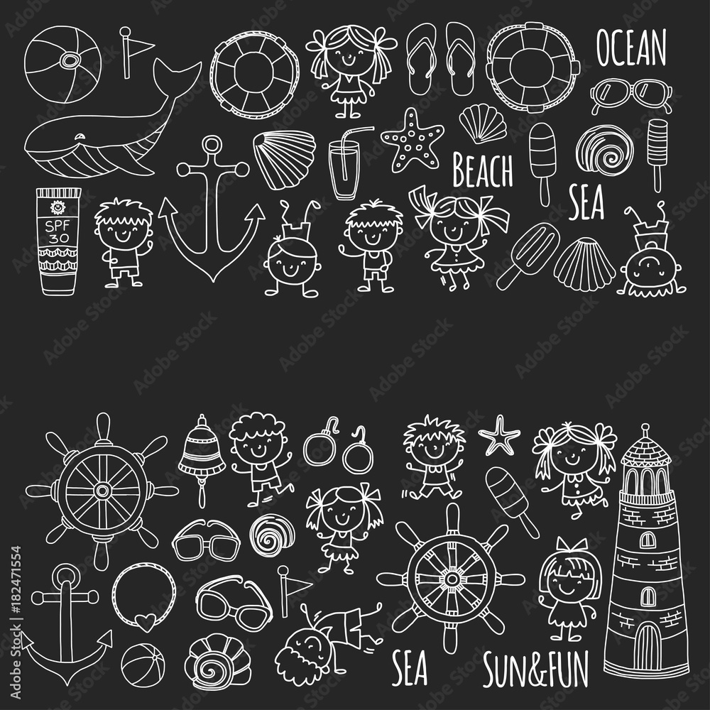 Beach set with children Kindergarten or school vacation Small kids, Nursery, Sea, Ocean, Lighthouse. Boys and girls Doodle vector icons and patterns Beach set with children Kindergarten or school vacation Small kids, Nursery, Sea, Ocean, Lighthouse. Boys and girls Doodle vector icons and patterns