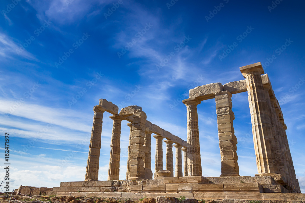 The Temple of Poseidon and blue sky. Cape Sounion, Greece