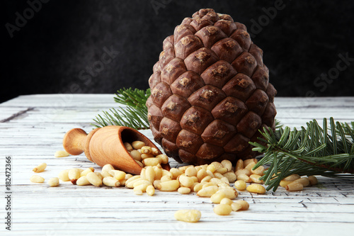 spoon with pine nuts with pinoli, pine cones in the background. photo