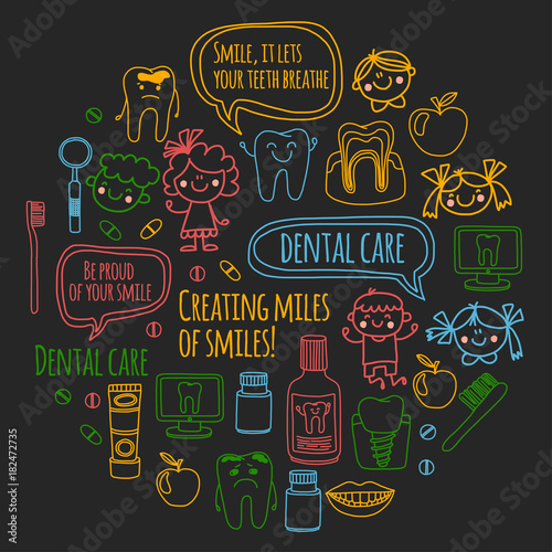 Children's denistry School, kindergarten, nursery kids with healty teeth. Smiles, toothbrushes, medicine Happy boys and girls Dental treatment without pain