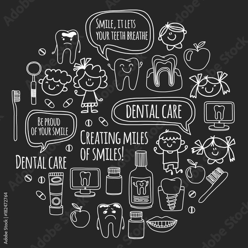 Children's denistry School, kindergarten, nursery kids with healty teeth. Smiles, toothbrushes, medicine Happy boys and girls Dental treatment without pain