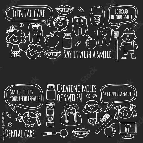 Children's denistry School, kindergarten, nursery kids with healty teeth. Smiles, toothbrushes, medicine Happy boys and girls Dental treatment without pain