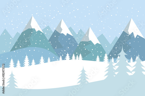 Flat vector landscape with silhouettes of trees, hills and mountains with falling snow. © Jan