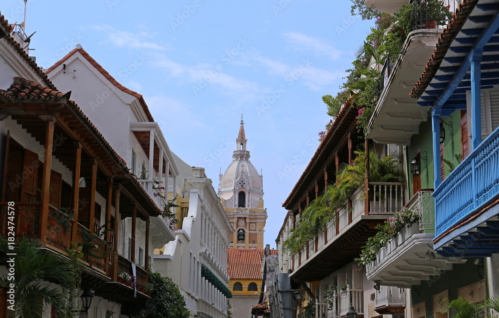 View of balconies leading to the cathedral in Cartagena, Colombia