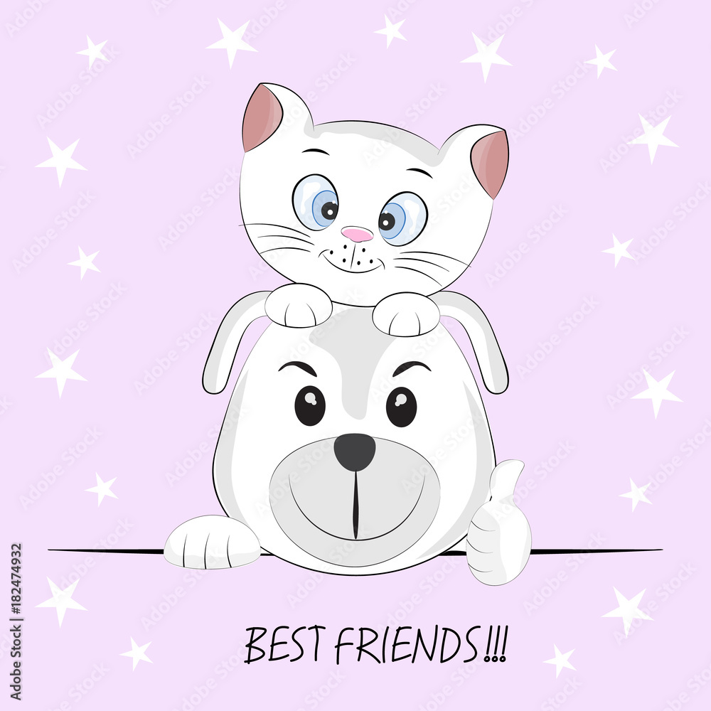 Cute best friends cat and dog. Greeting card.