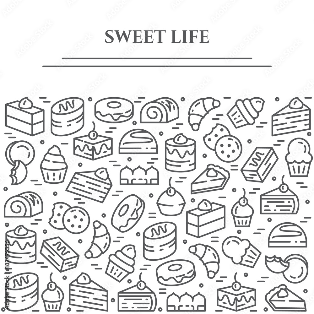 Cakes and cookies theme horizontal banner. Pictograms of pie, brownie, biscuit, tiramisu, roll and other dessert related elements Line out symbols Simple silhouette Editable stroke