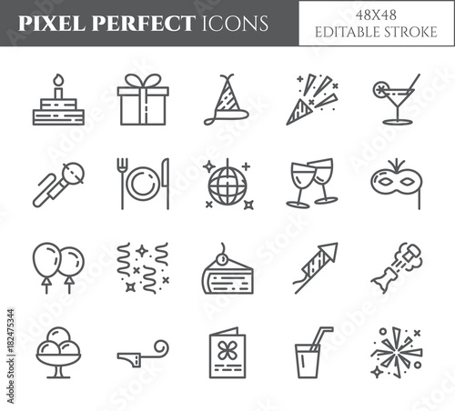 Birthday party theme pixel perfect thin line icons. Set of elements of cake, present, champagne, disco, firework and other entertainment related pictograms. Vector illustration. Editable stroke